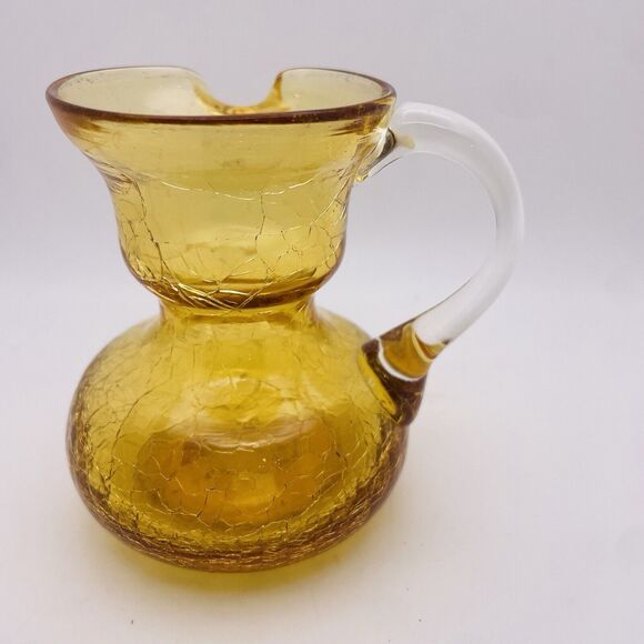 Vintage Crackle Glass Mini Pitcher Hand Blown Yellow Amber Applied Clear Handle - Picture 2 of 5